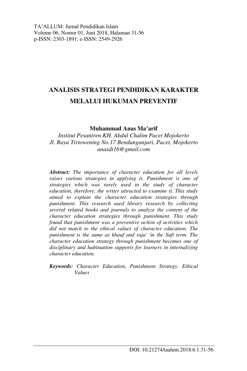 PDF Analisis Strategi Pendidikan Karakter Melalui Hukuman Preventif