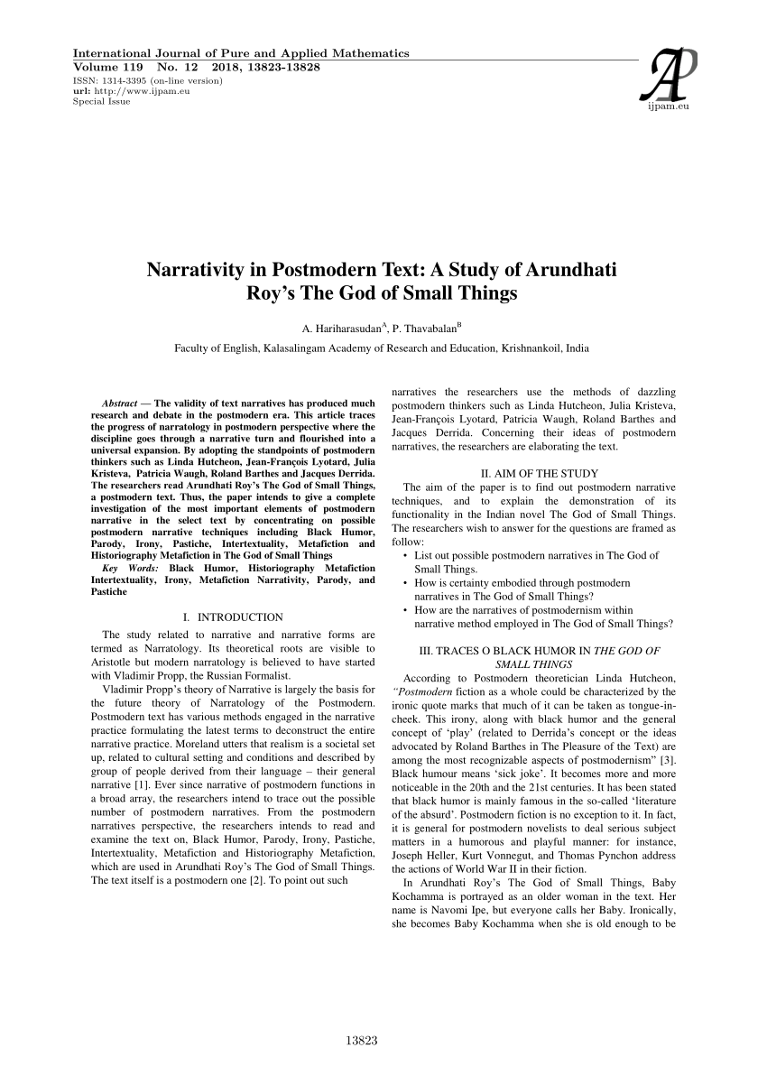 Pdf The Researchers Read Arundhati Roy S The God Of Small Things A Postmodern Text Thus The Paper Intends To Give A Complete Investigation Of The Most Important Elements Of Postmodern Narrative In