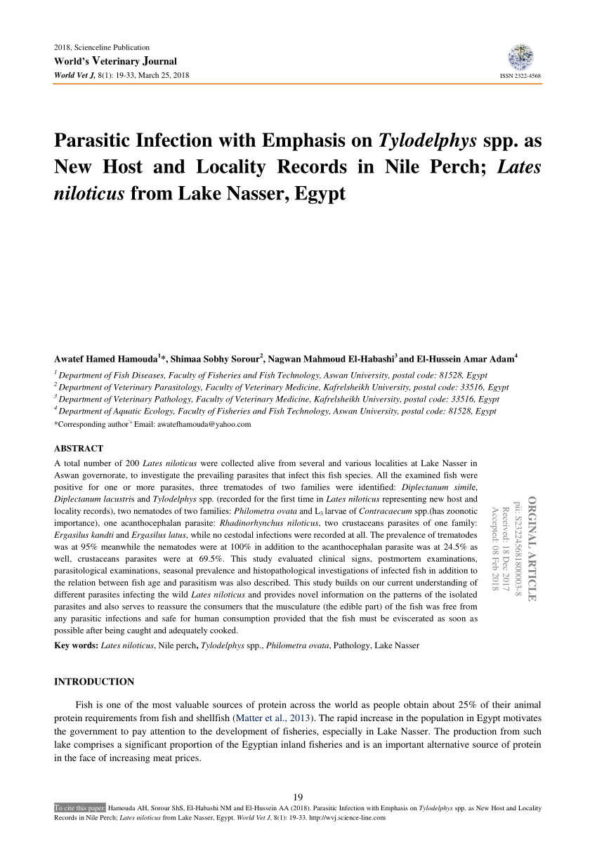 Pdf Parasitic Infection With Emphasis On Tylodelphys Spp As New Host And Locality Records In Nile Perch Lates Niloticus From Lake Nasser Egypt