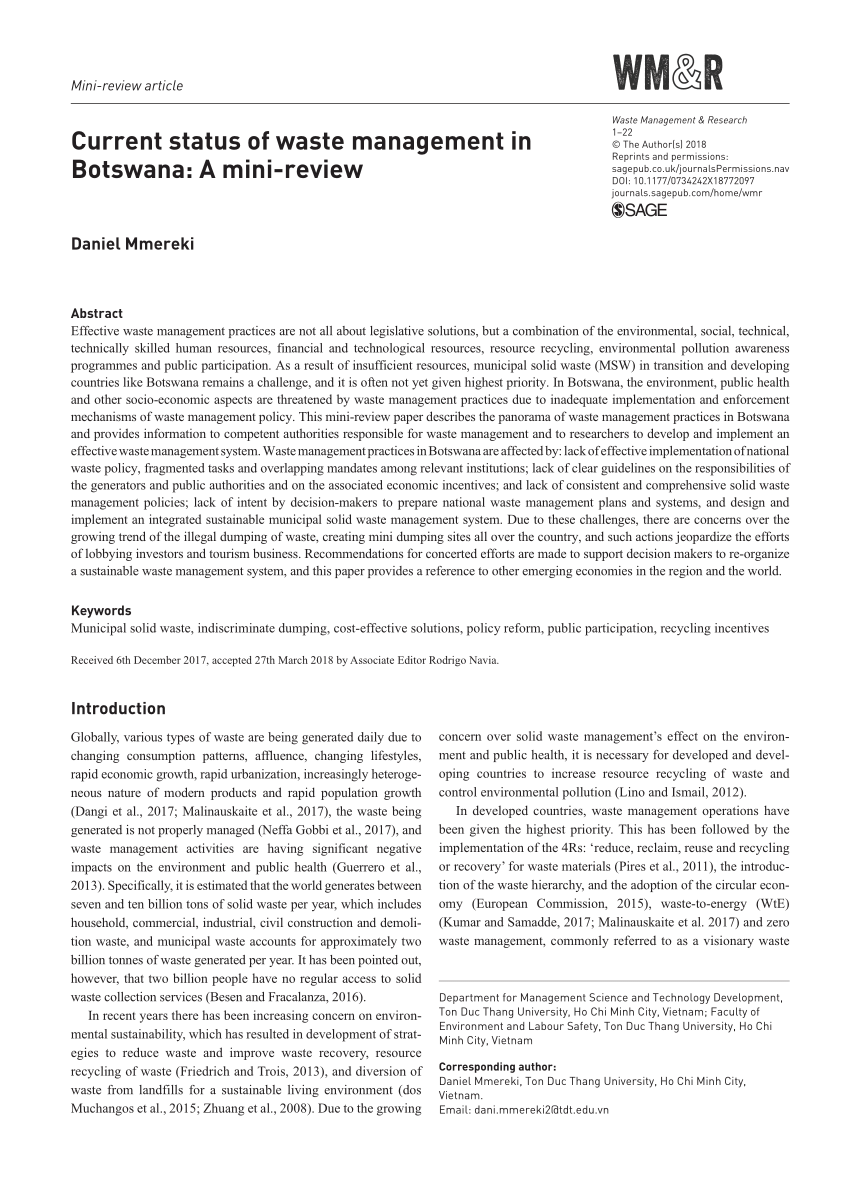 Pdf Current Status Of Waste Management In Botswana A Mini Review - pdf current status of waste management in botswana a mini review