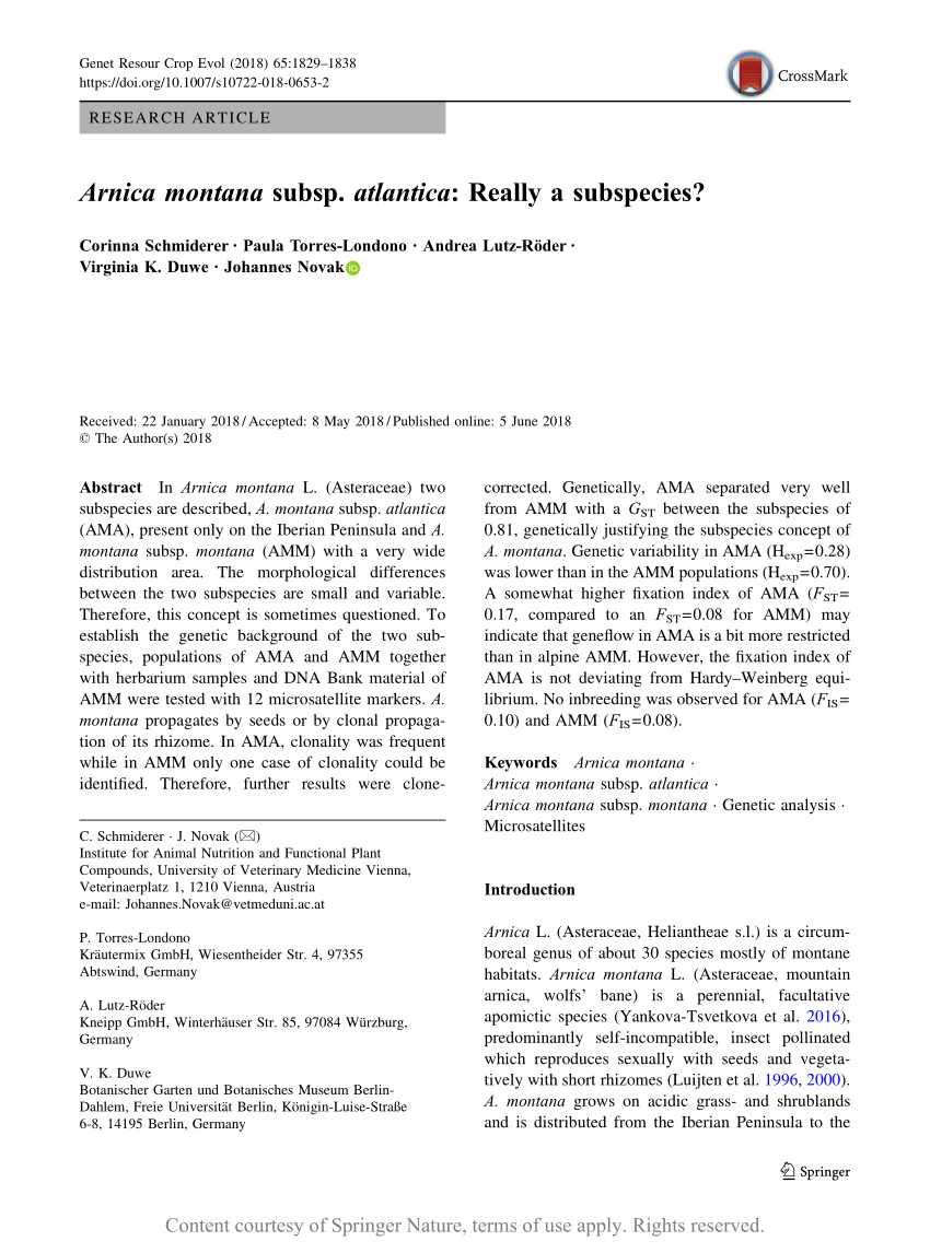 Pdf Arnica Montana Subsp Atlantica Really A Subspecies