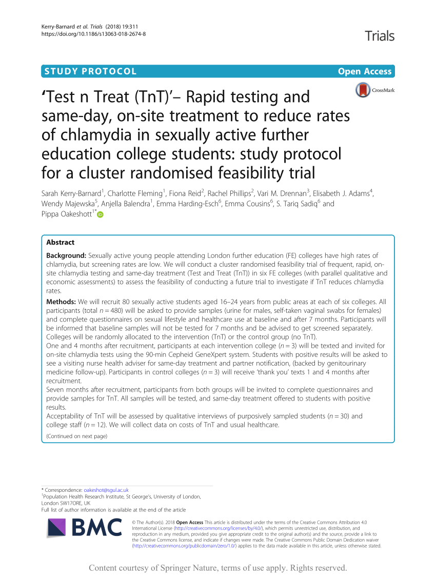 Pdf Test N Treat Tnt Rapid Testing And Same Day On Site Treatment To Reduce Rates Of Chlamydia In Sexually Active Further Education College Students Study Protocol For A Cluster Randomised Feasibility Trial