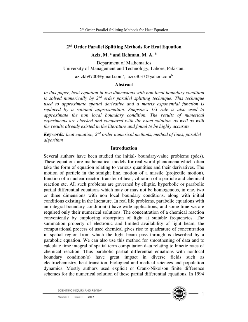 (PDF) 2nd Order Parallel Splitting Methods for Heat Equation