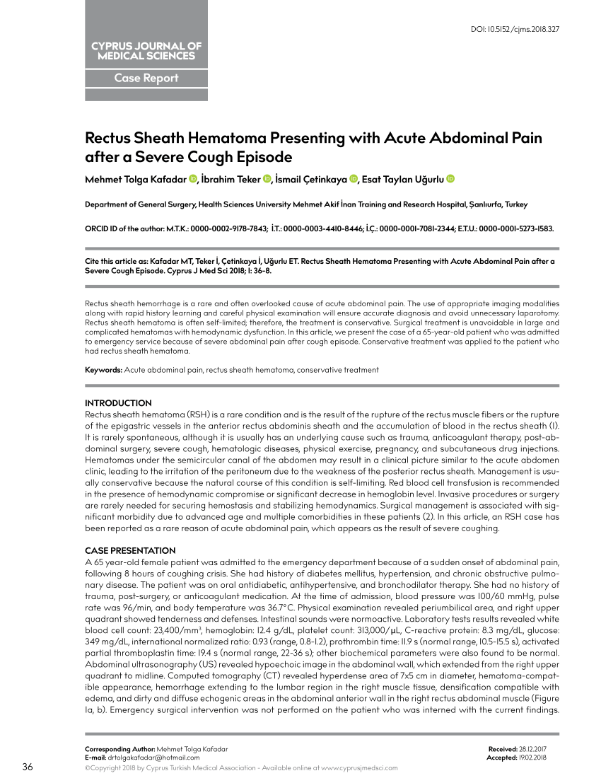 Pdf Rectus Sheath Hematoma Presenting With Acute Abdominal Pain After A Severe Cough Episode