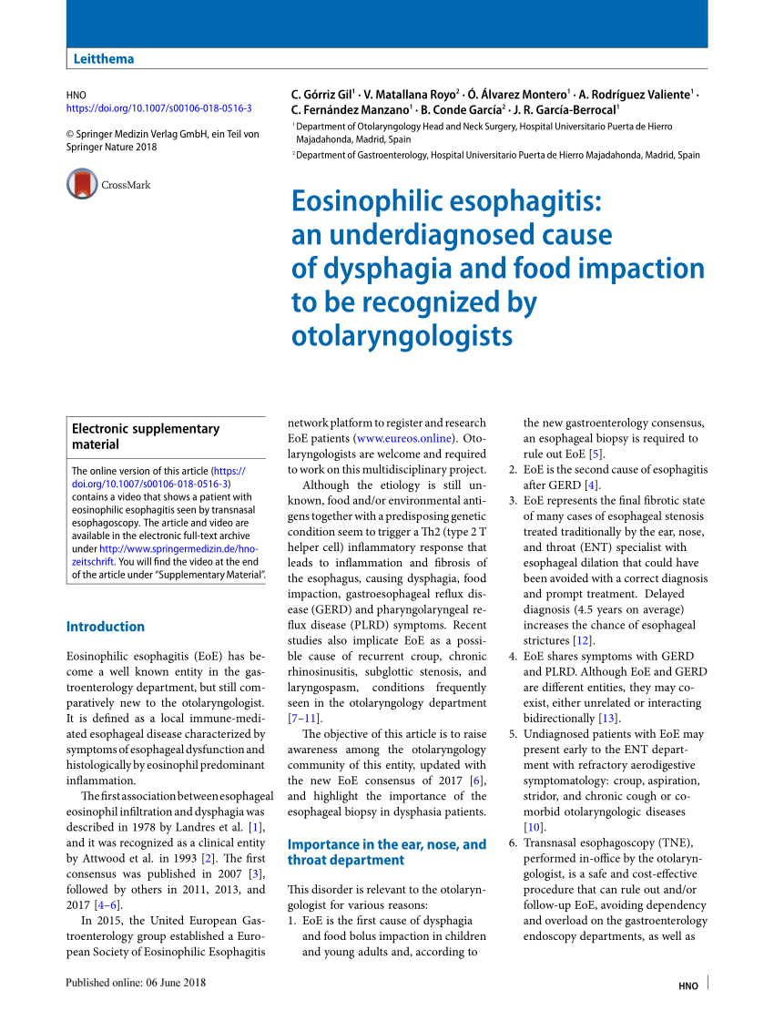 Pdf Eosinophilic Esophagitis An Underdiagnosed Cause Of Dysphagia And Food Impaction To Be 1259