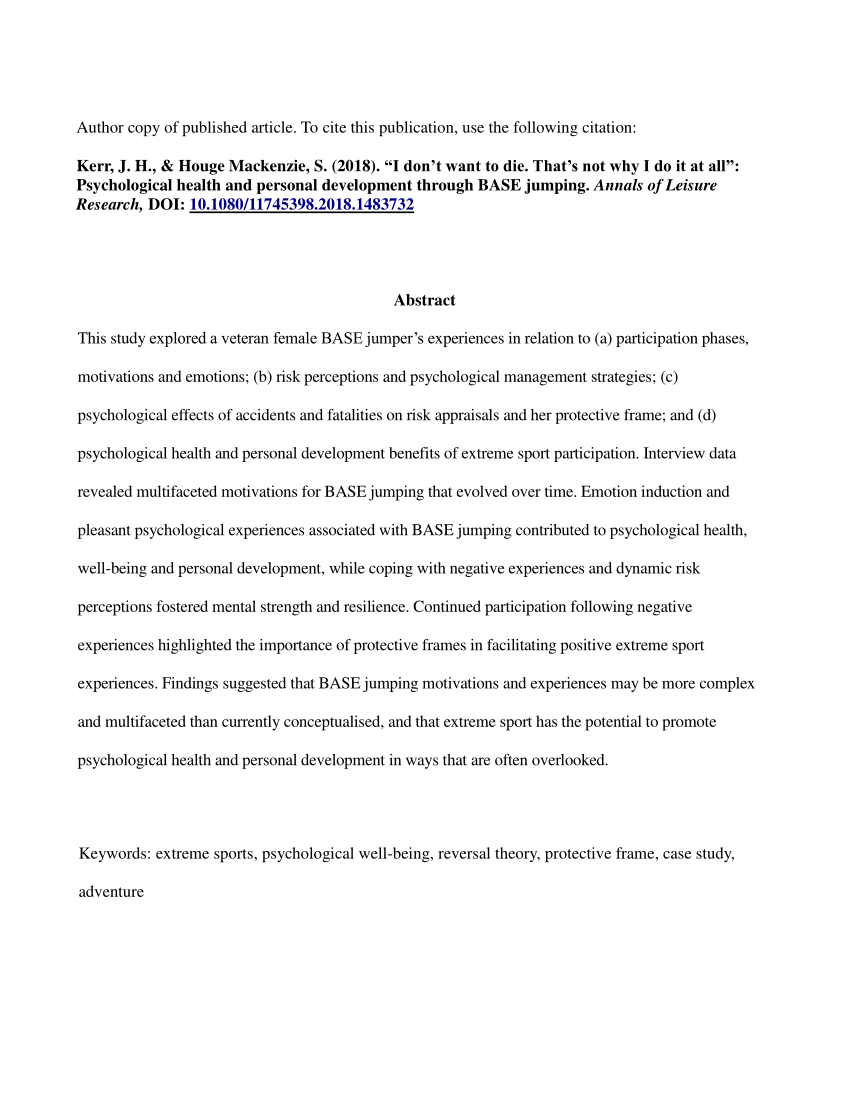 Pdf I Don T Want To Die That S Not Why I Do It At All Multifaceted Motivation Psychological Health And Personal Development In Base Jumping