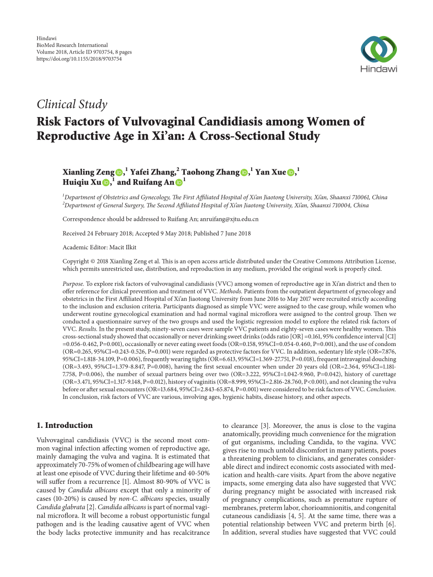 Pdf Risk Factors Of Vulvovaginal Candidiasis Among Women Of Reproductive Age In Xian A Cross 