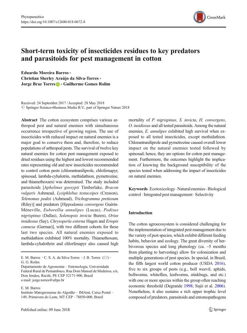 Pdf Short Term Toxicity Of Insecticides Residues To Key Predators And Parasitoids For Pest Management In Cotton