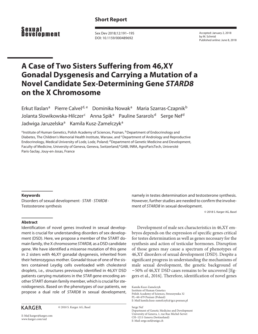 A Case of Two Sisters Suffering from 46,XY Gonadal Dysgenesis and Carrying  a Mutation of a Novel Candidate Sex-Determining Gene STARD8 on the X  Chromosome | Request PDF