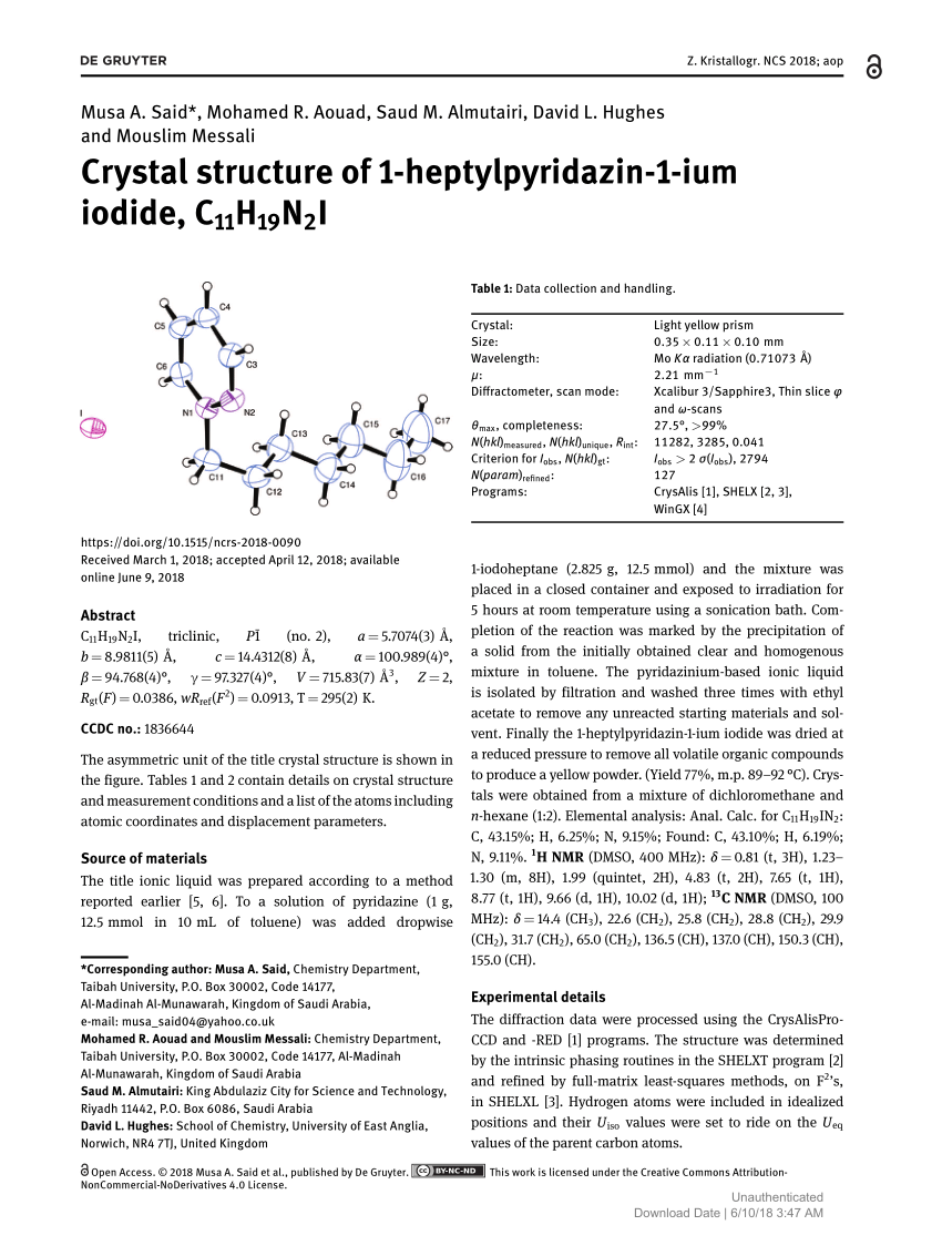 Pdf Crystal Structure Of 1 Heptylpyridazin 1 Ium Iodide C11h19n2i