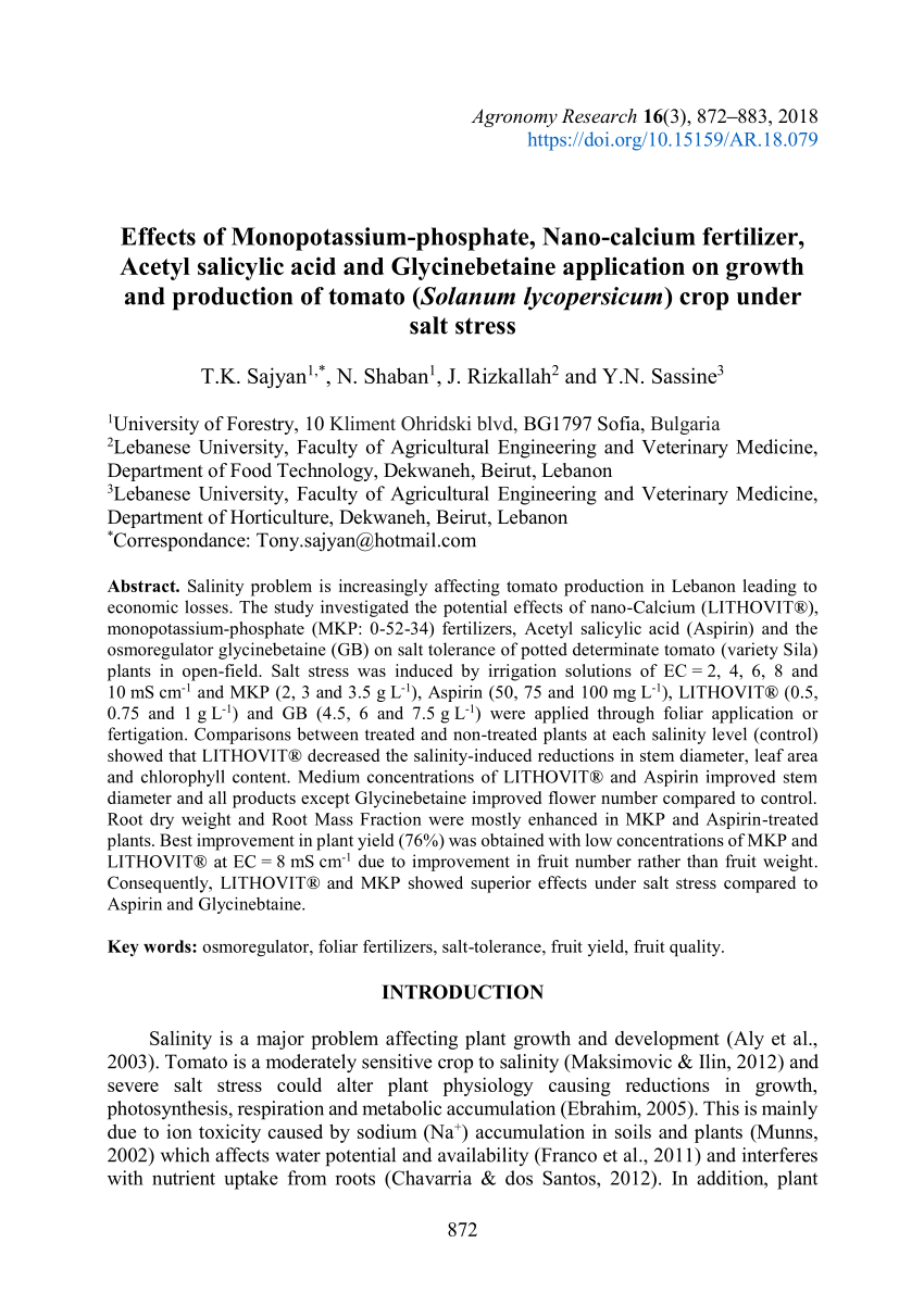 Pdf Effects Of Monopotassium Phosphate Nano Calcium Fertilizer Acetyl Salicylic Acid And Glycinebetaine Application On Growth And Production Of Tomato Solanum Lycopersicum Crop Under Salt Stress