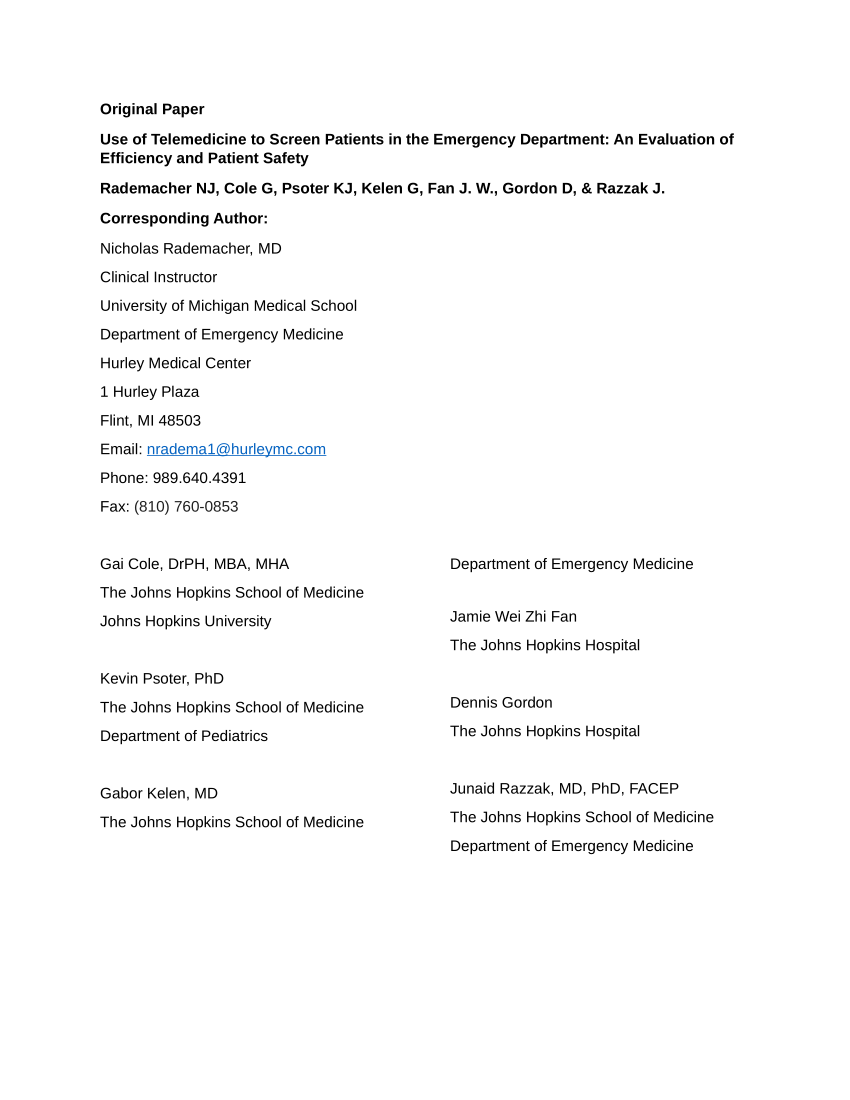 Pdf Use Of Telemedicine To Screen Patients In The Emergency
