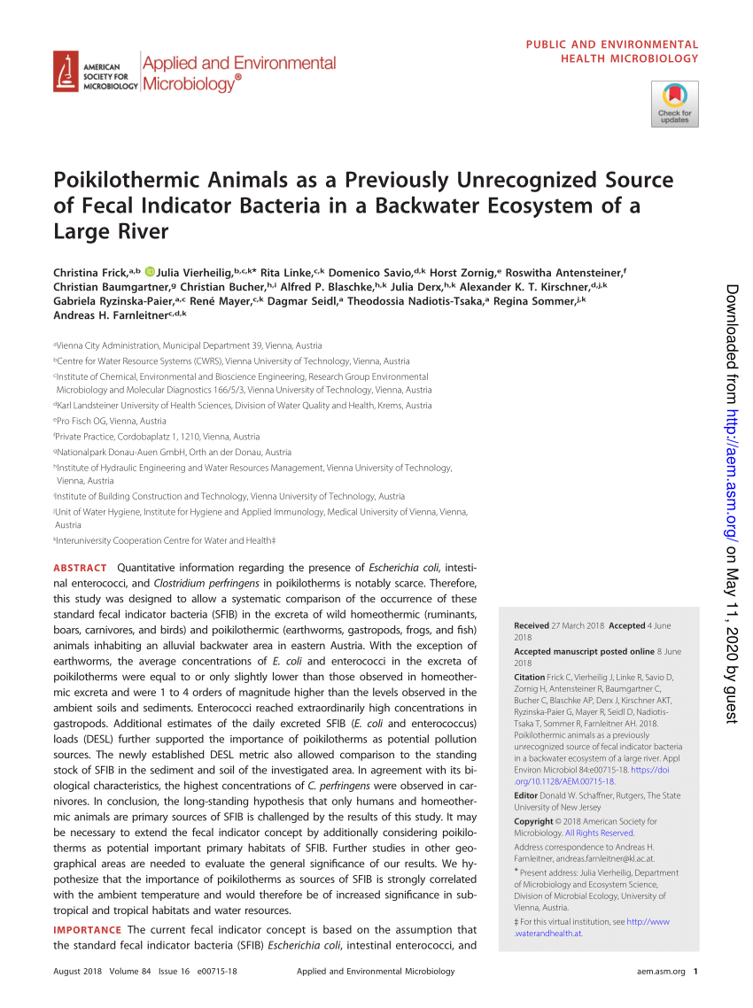 PDF) Poikilothermic Animals as a Previously Unrecognized Source of Fecal  Indicator Bacteria in a Backwater Ecosystem of a Large River