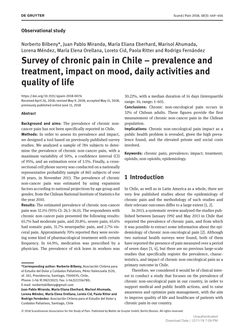 Survey of chronic pain in Chile – prevalence and treatment, impact on mood,  daily activities and quality of life