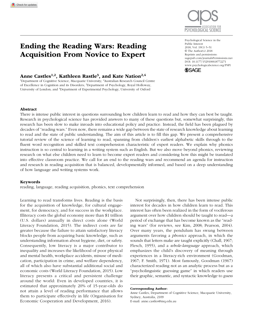 PDF) Ending the Reading Wars: Reading Acquisition From Novice to ...