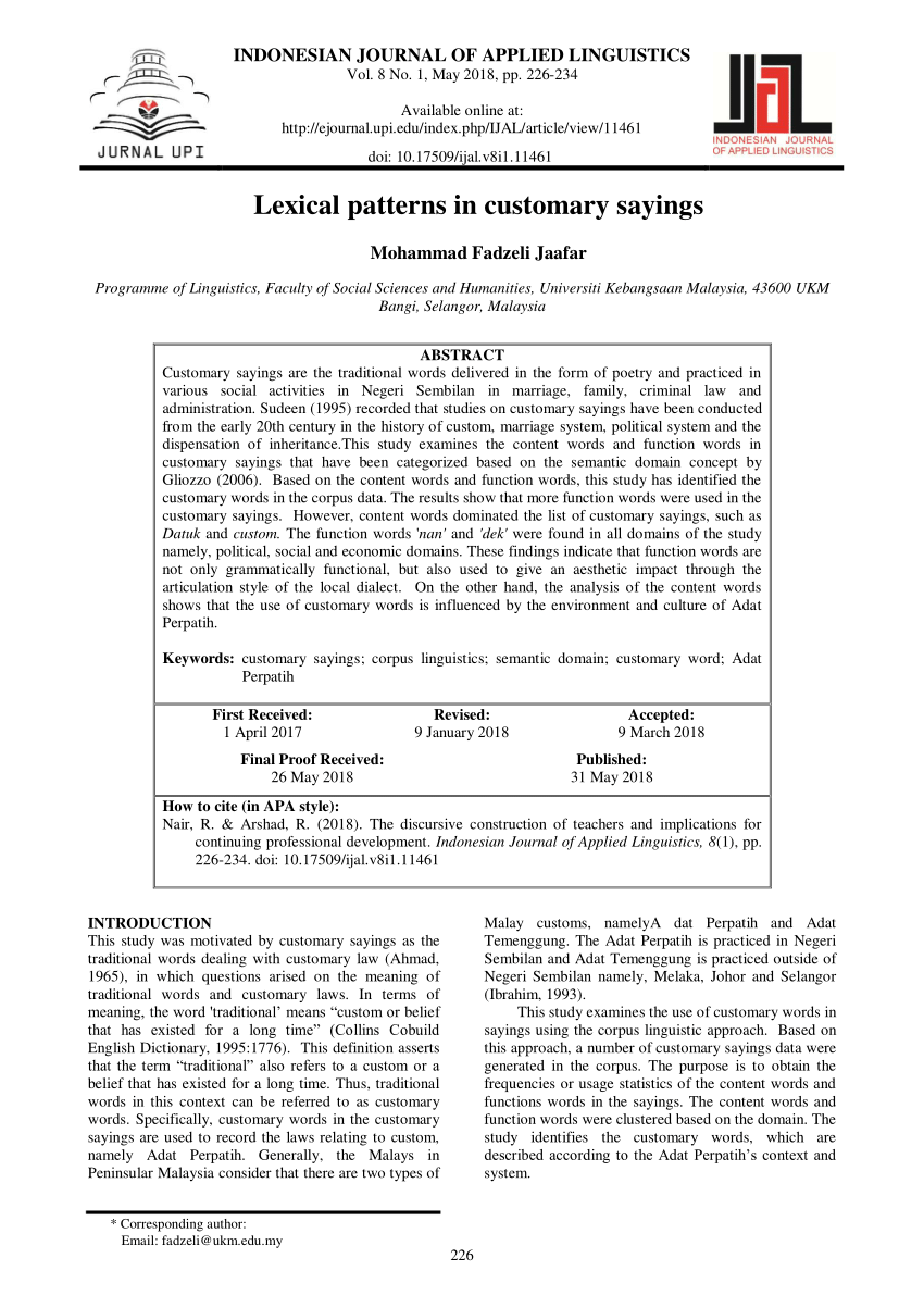 Pdf Lexical Patterns In Customary Sayings