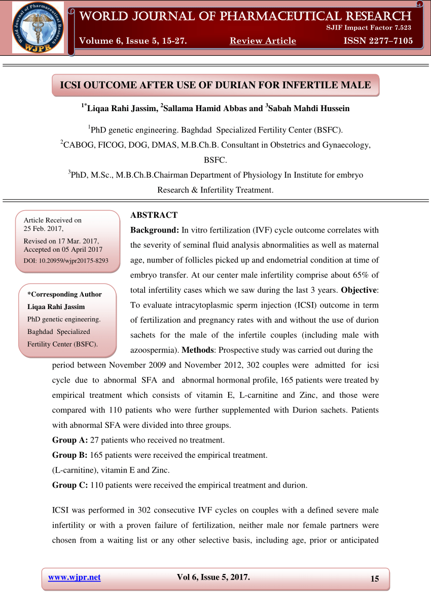 Pdf Icsi Outcome After Use Of Durian For Infertile Male