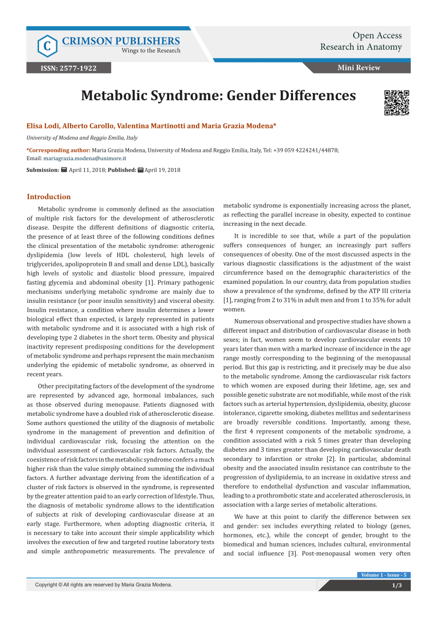 Pdf Metabolic Syndrome Gender Differences