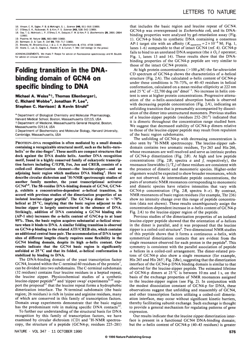Pdf Folding Transition In The Dna Binding Domain Of Gcn4 On Specific Binding To Dna 3157