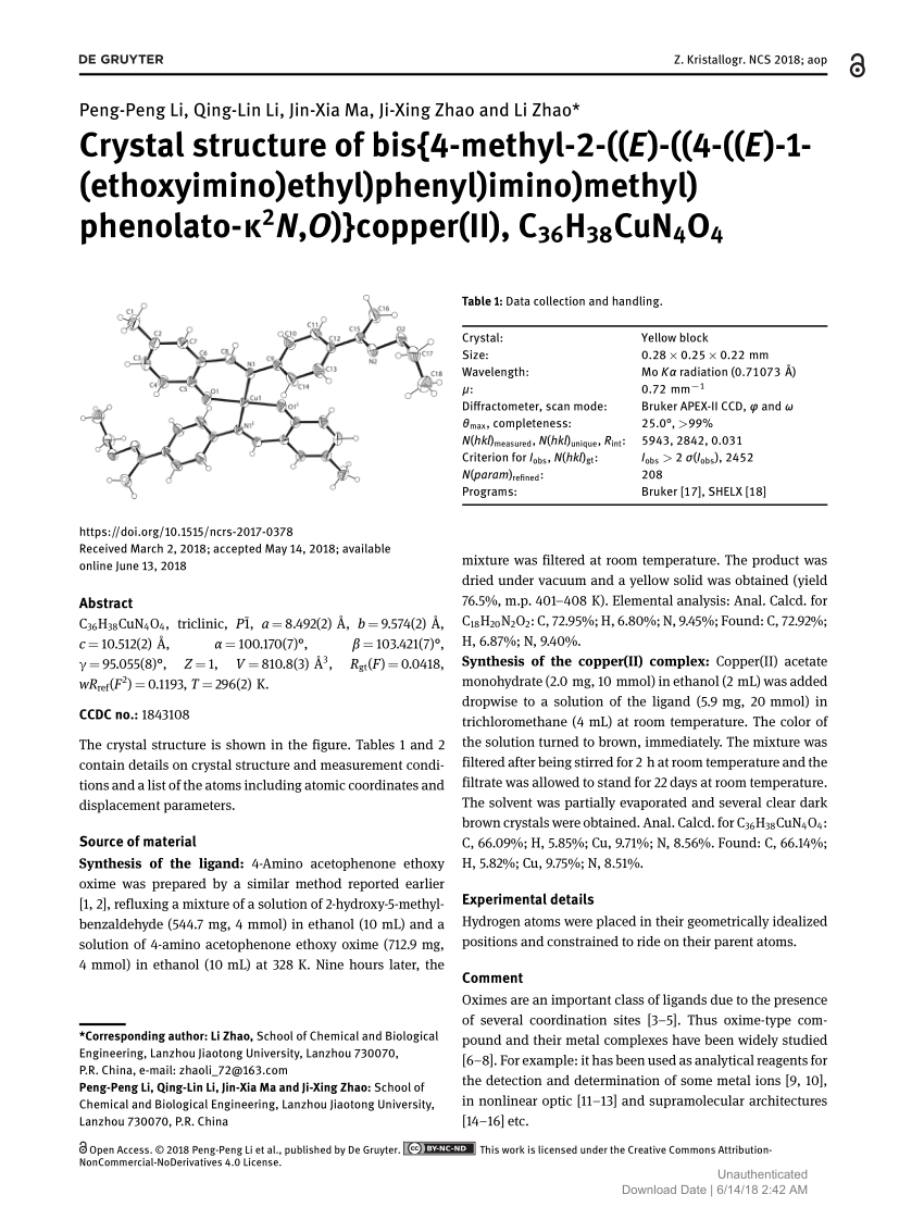 Pdf Crystal Structure Of Bis 4 Methyl 2 E 4 E 1 Ethoxyimino Ethyl Phenyl Imino Methyl Phenolato K2n O Copper Ii C36h38cun4o4