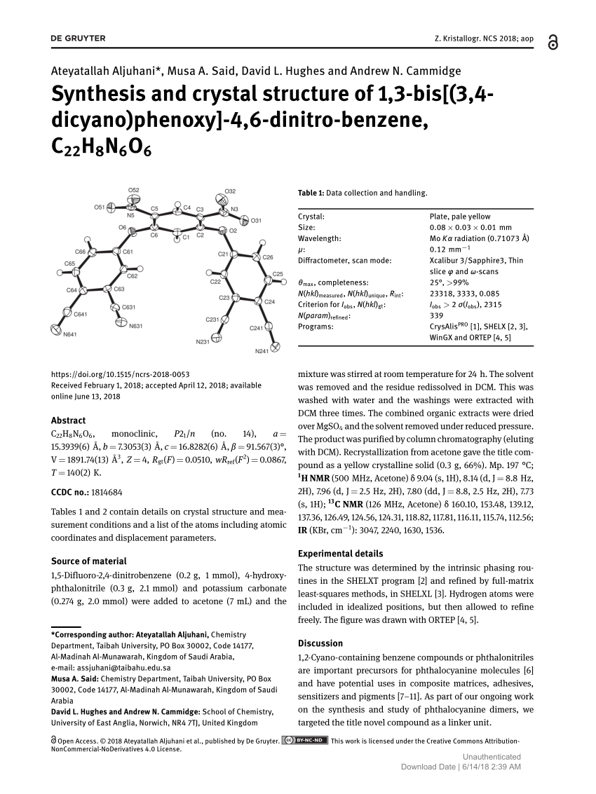 Pdf Synthesis And Crystal Structure Of 1 3 Bis 3 4 Dicyano Phenoxy 4 6 Dinitro Benzene C22h8n6o6
