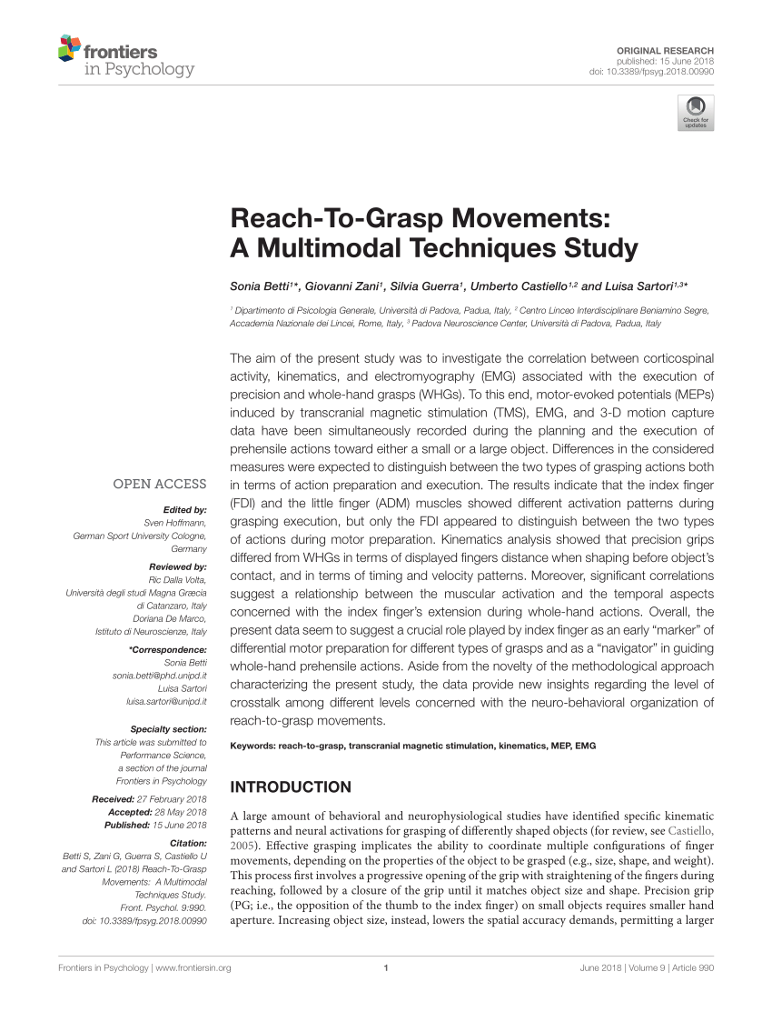 Pdf Reach To Grasp Movements A Multimodal Techniques Study
