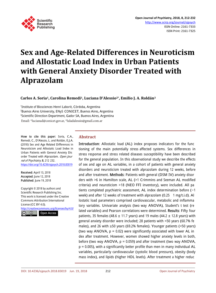 Pdf Sex And Age Related Differences In Neuroticism And Allostatic Load Index In Urban Patients With General Anxiety Disorder Treated With Alprazolam