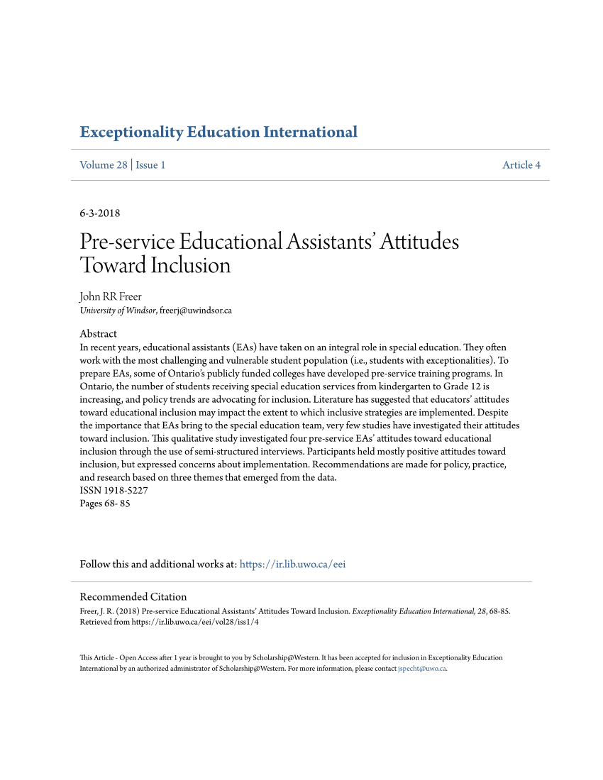 Pdf Pre Service Educational Assistants Attitudes Toward Inclusion