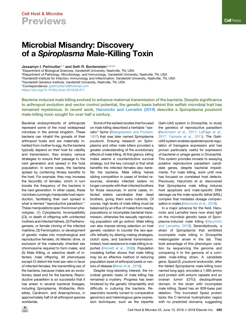 Pdf Microbial Misandry Discovery Of A Spiroplasma Male Killing Toxin