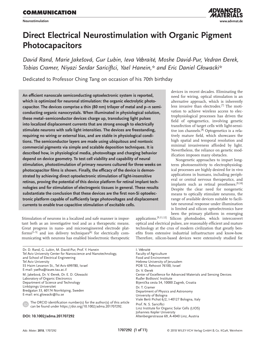 Pdf Direct Electrical Neurostimulation With Organic Pigment Photocapacitors