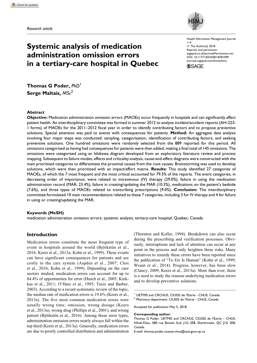 (PDF) Systemic analysis of medication administration omission errors in a tertiarycare hospital