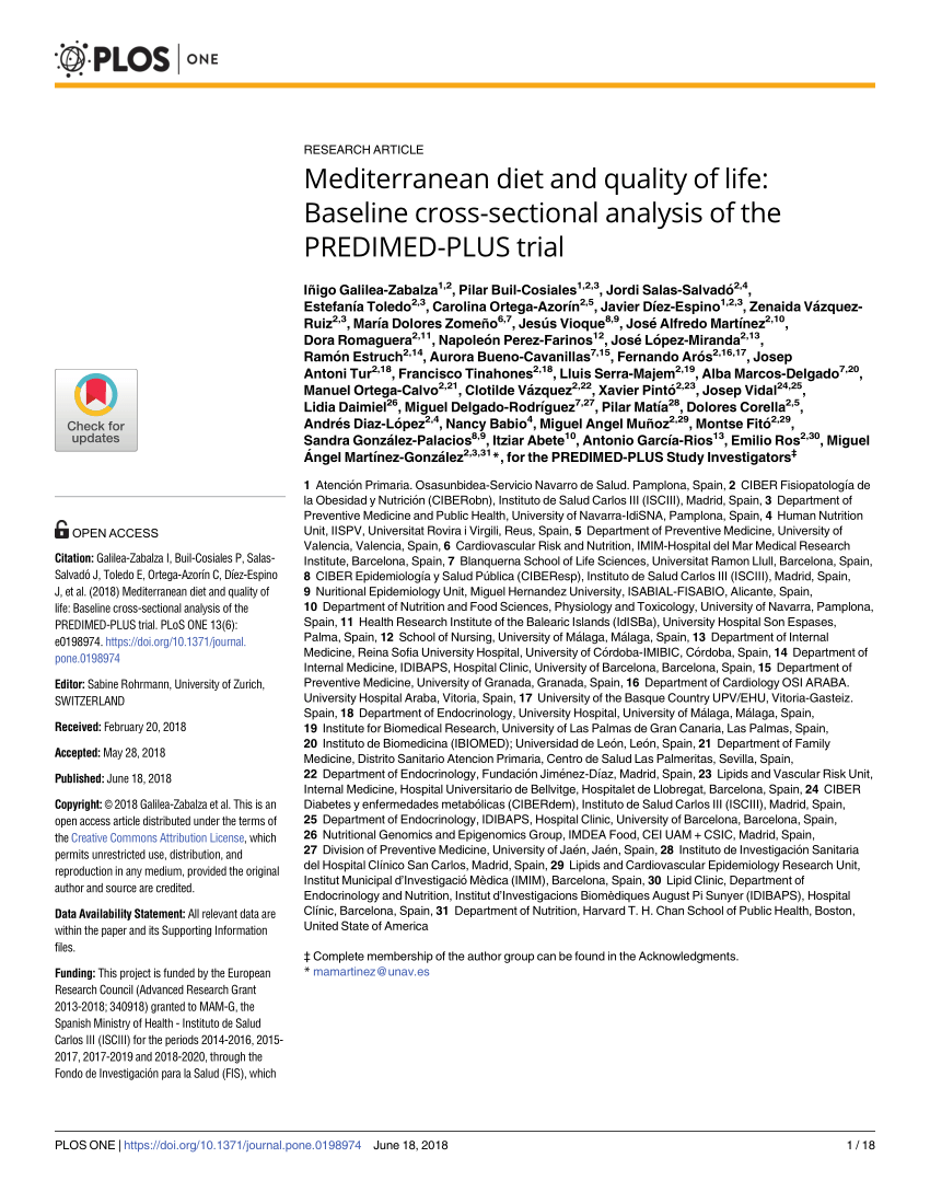 Pdf Mediterranean Diet And Quality Of Life Baseline Cross Sectional Analysis Of The Predimed Plus Trial