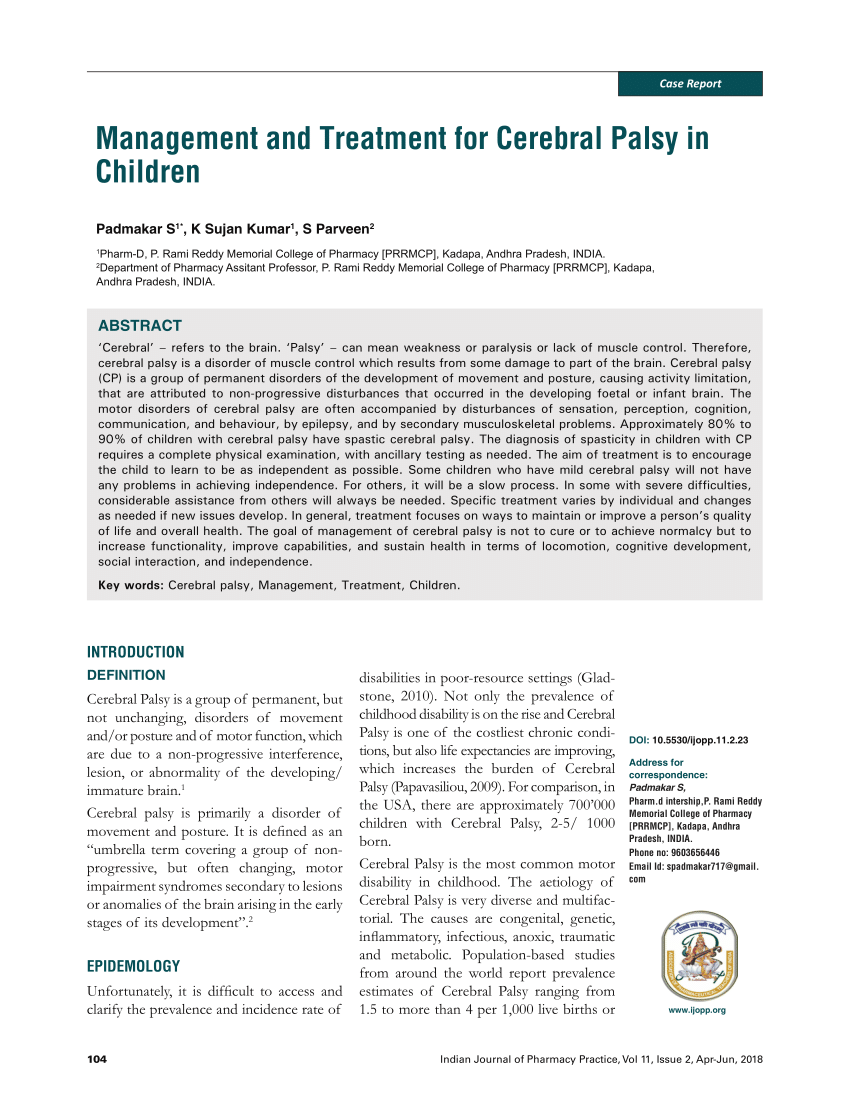 (PDF) Management and Treatment for Cerebral Palsy in Children