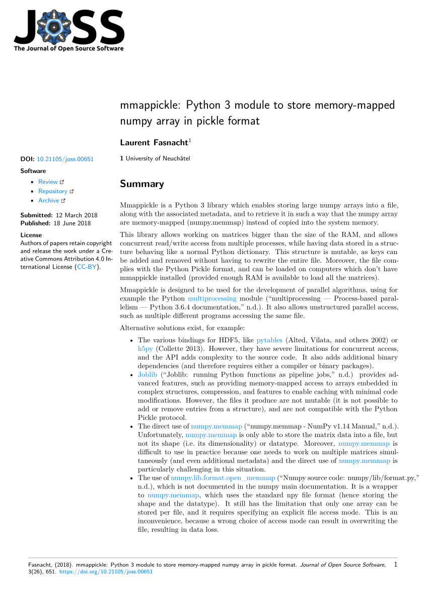 (PDF) mmappickle: Python 3 module to store memory-mapped numpy array in pickle format