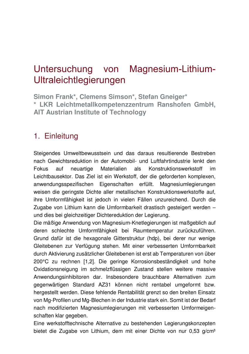 Pdf Untersuchungen Von Magnesium Lithium Ultra Leichtlegierungen