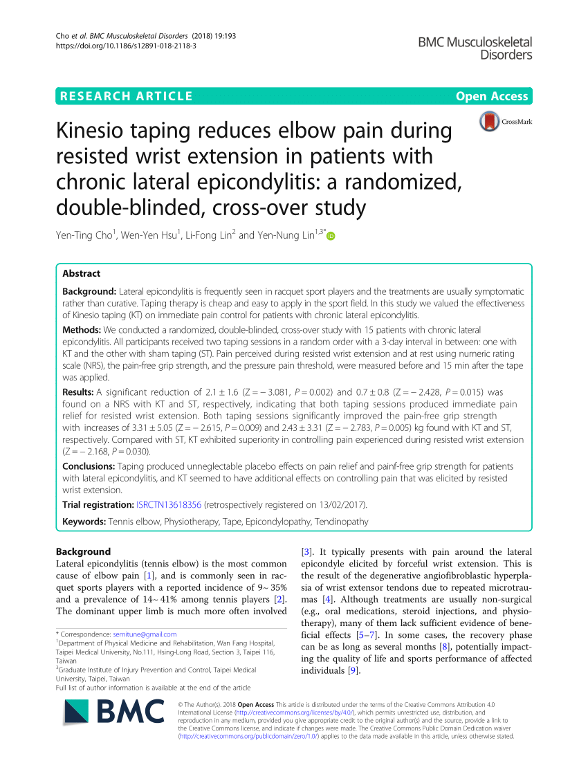 Pdf Kinesio Taping Reduces Elbow Pain During Resisted Wrist Extension In Patients With Chronic Lateral Epicondylitis A Randomized Double Blinded Cross Over Study