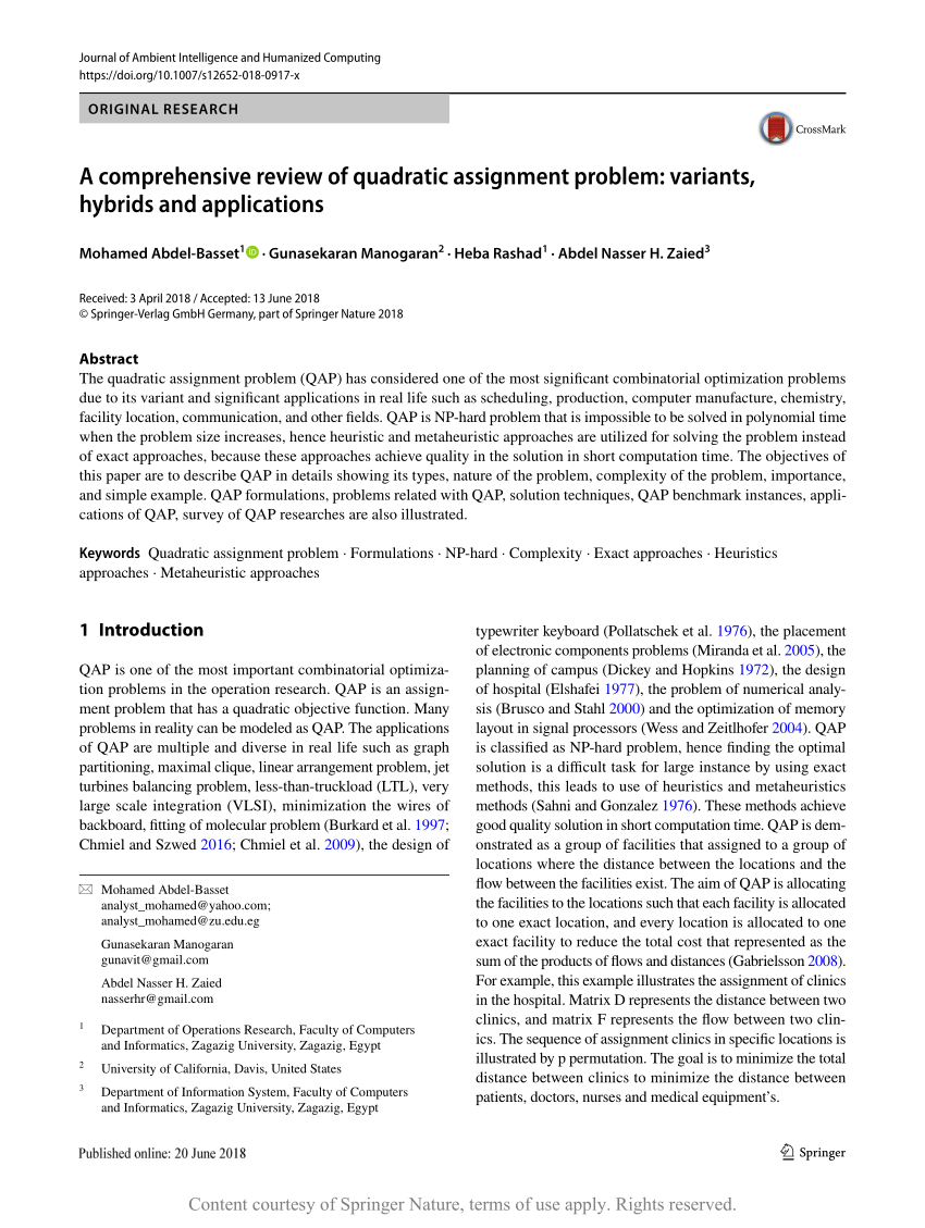 a comprehensive review of quadratic assignment problem variants hybrids and applications