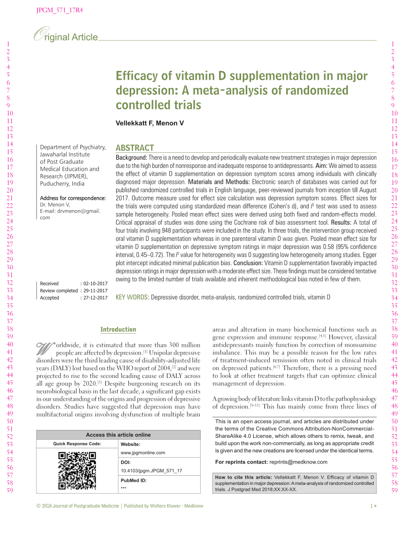 Pdf Efficacy Of Vitamin D Supplementation In Major