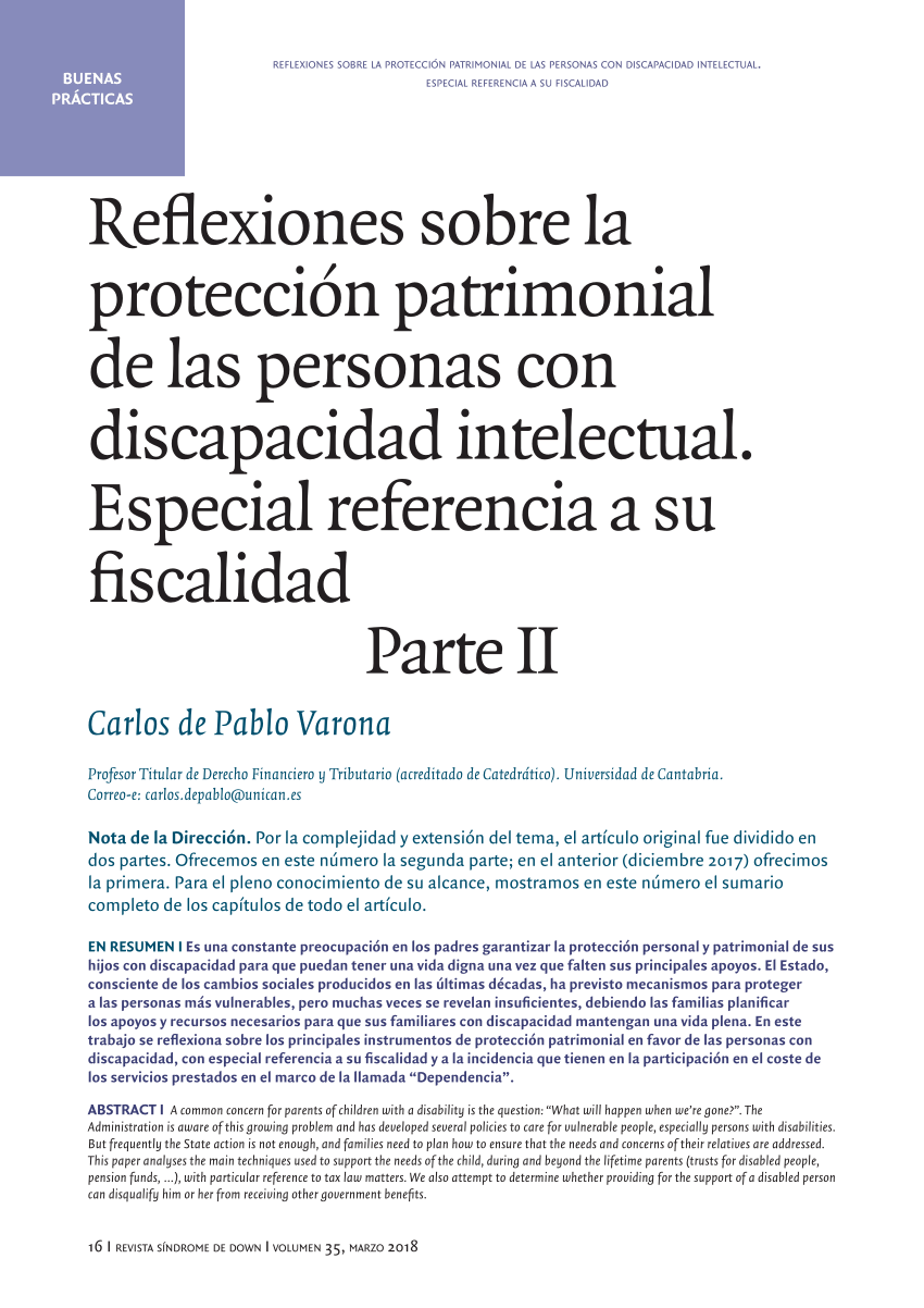 PDF) Reflexiones sobre la protección patrimonial de las personas con discapacidad  intelectual. Especial referencia a su fiscalidad Parte II