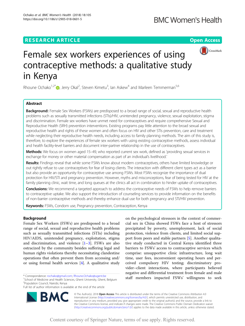 Pdf Female Sex Workers Experiences Of Using Contraceptive Methods A Qualitative Study In Kenya