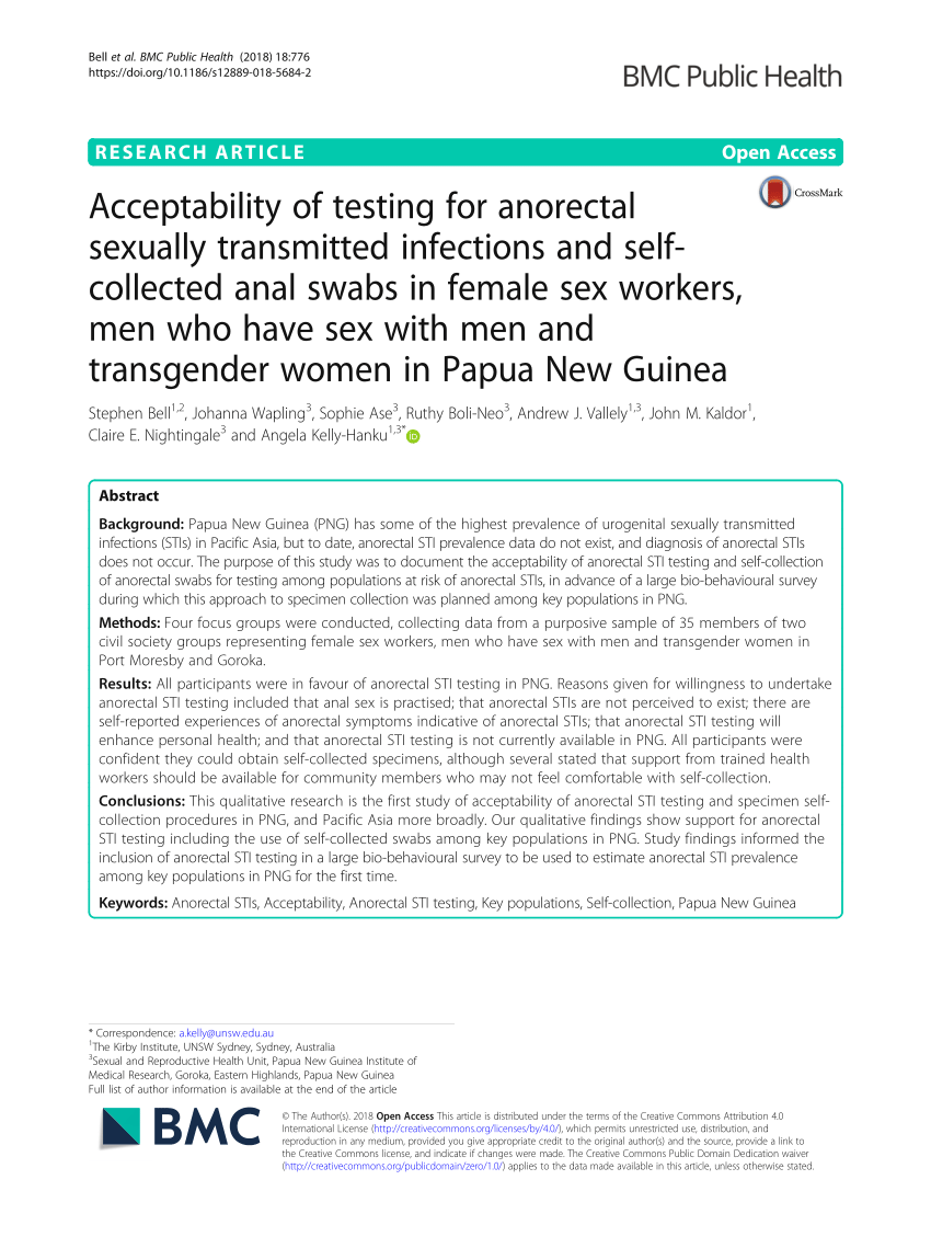 PDF) Acceptability of testing for anorectal sexually transmitted infections and self-collected anal swabs in female sex workers, men who have sex with men and transgender women in Papua New Guinea