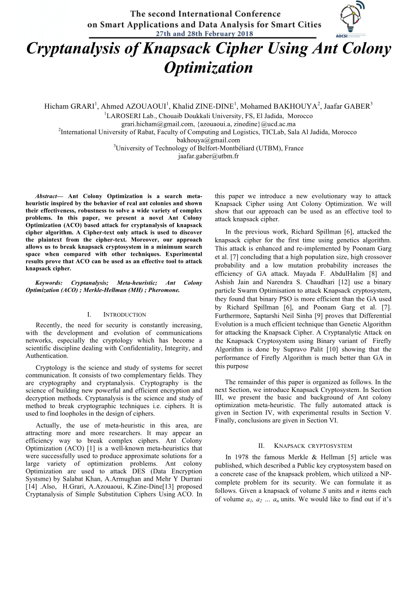 PDF) Cryptanalysis of Knapsack Cipher Using Ant Colony Optimization