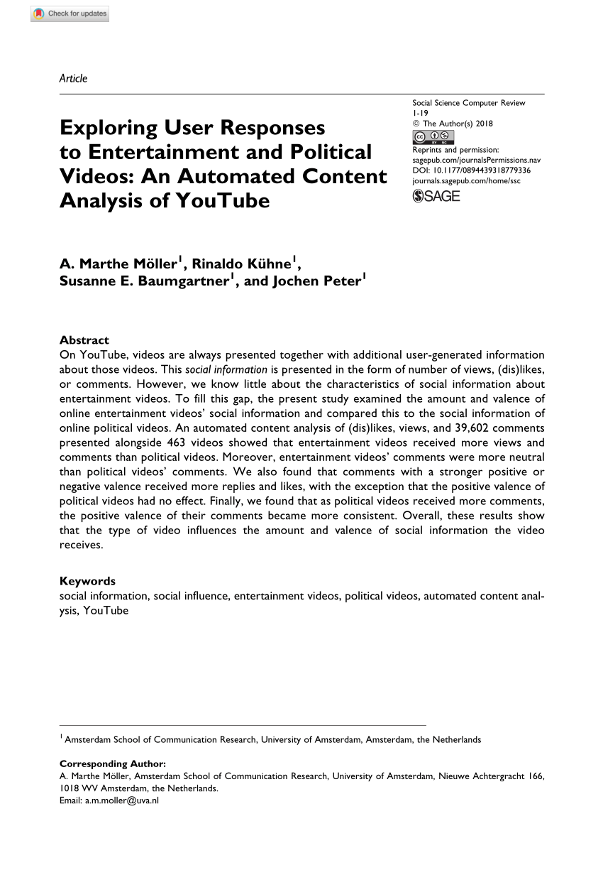 Pdf Exploring User Responses To Entertainment And Political Videos An Automated Content Analysis Of Youtube