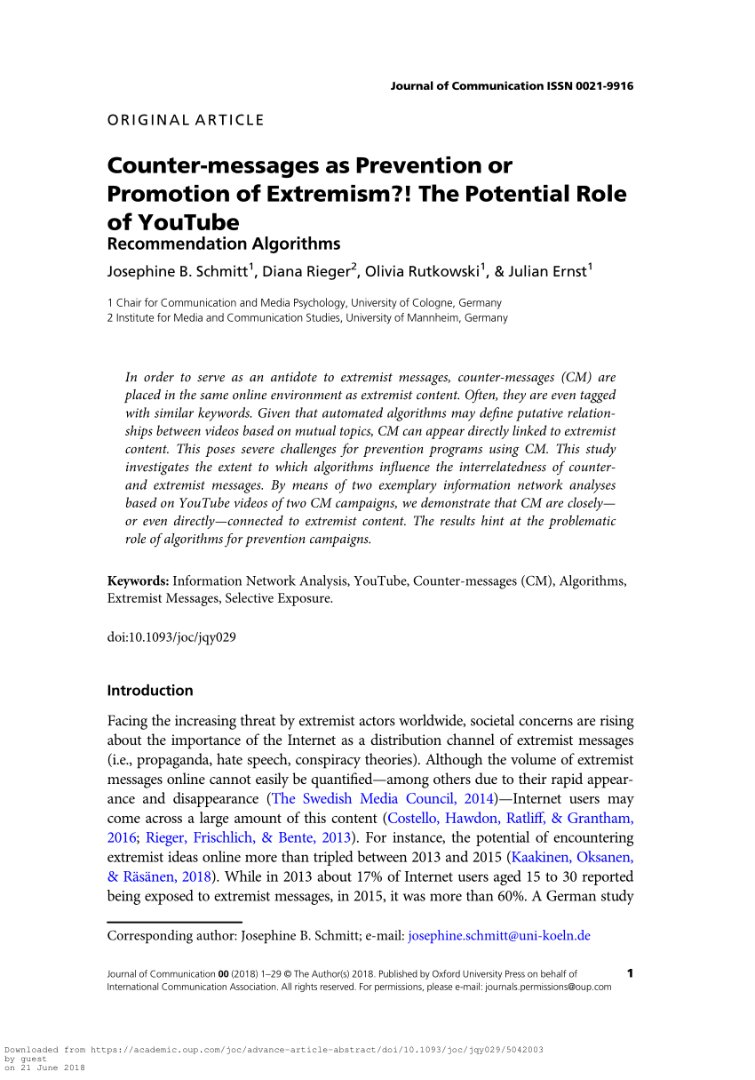 Pdf Counter Messages As Prevention Or Promotion Of Extremism The Potential Role Of Youtube Algorithms