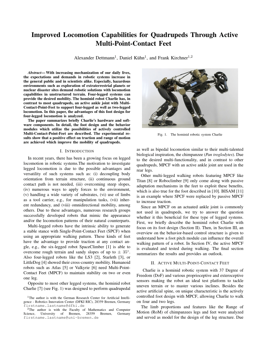 PDF) Improved locomotion capabilities for quadrupeds through active  multi-point-contact feet