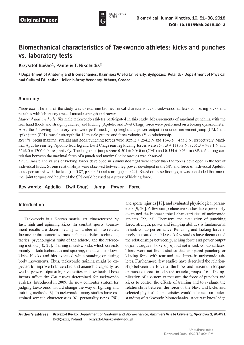 (PDF) Biomechanical characteristics of Taekwondo athletes: Kicks and Sns-Brigh10