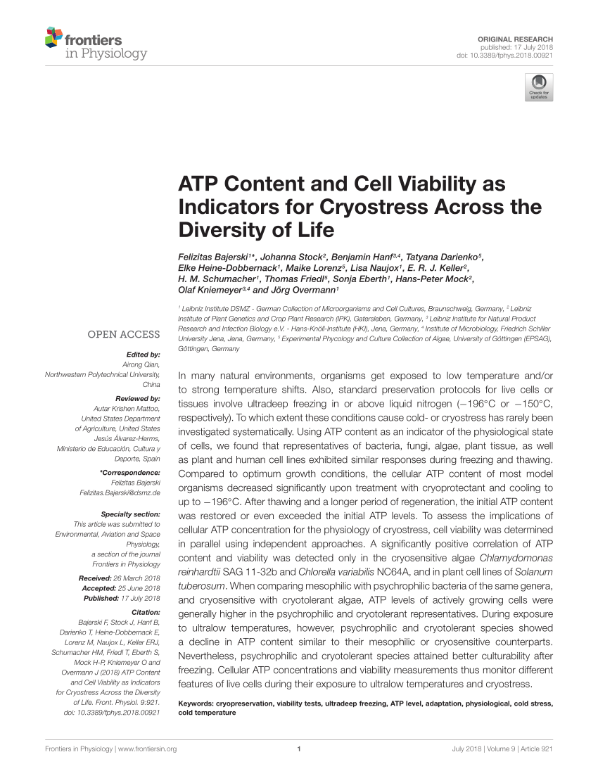Pdf Atp Content And Cell Viability As Indicators For Cryostress Across The Diversity Of Life