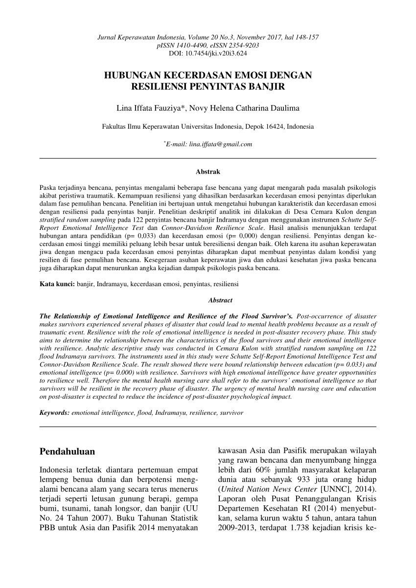 Pdf Hubungan Kecerdasan Emosi Dengan Resiliensi Penyintas Banjir