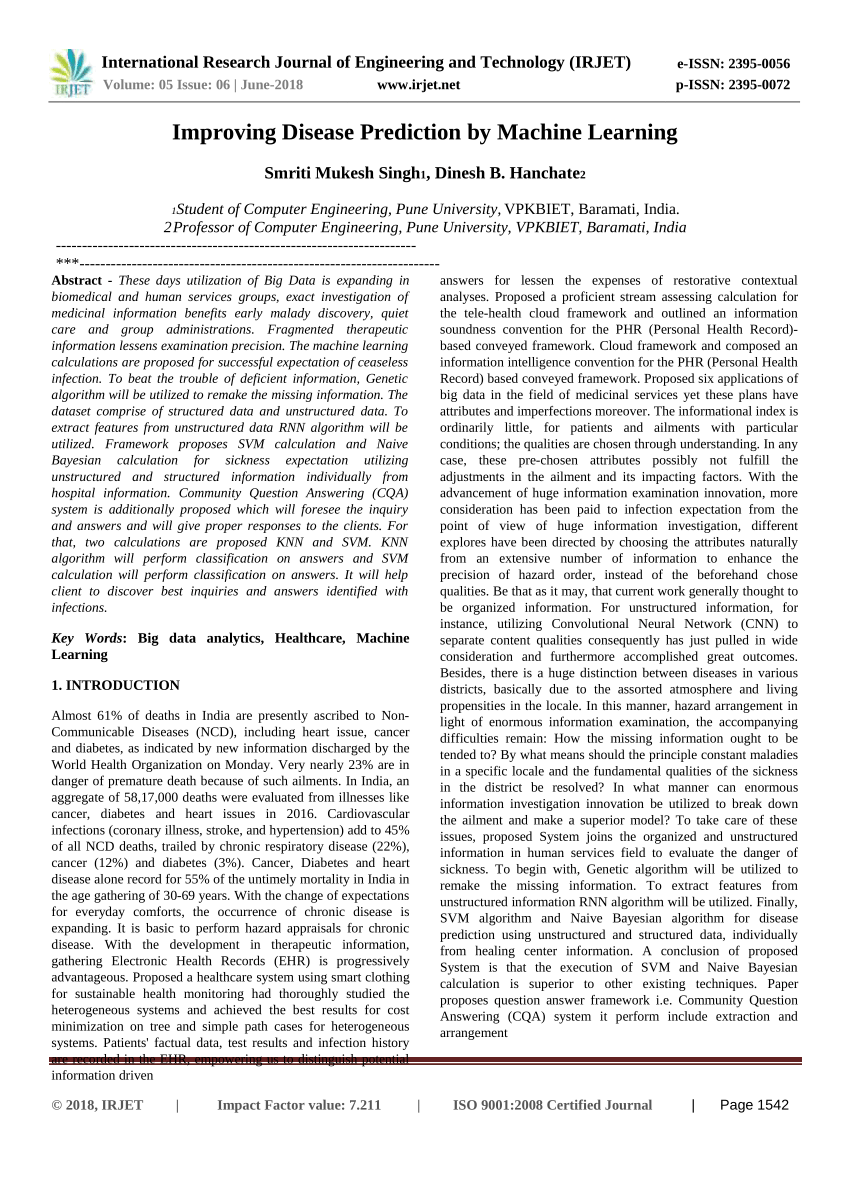 disease prediction using machine learning over big data