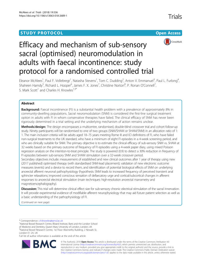 (PDF) Efficacy and mechanism of sub-sensory sacral (optimised)  neuromodulation in adults with faecal incontinence: Study protocol for a  randomised controlled trial